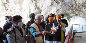 LG Sinha pays homage at Holy Cave Shrine Amarnath in south Kashmir